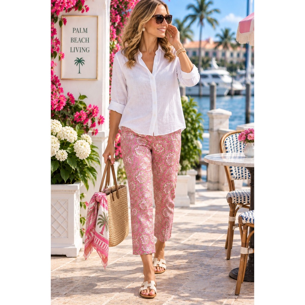 Talbots Women's Classic Side Zip Crop Pants Candy Palm Desert Paisley Size 14